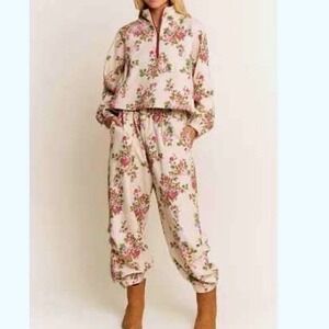 Davi & Dani Flower Printed Half Zip Sweatset Cream Burgundy Pullover Joggers 1XL